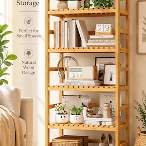 May include: A tall, light-brown wooden shelf unit with multiple shelves. The shelves hold plants, books, a radio, and decorative items. The text "Minimal Storage" and "Natural Wood Design" are visible.