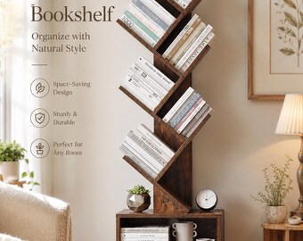 Rustic Tree Bookshelf with Drawers for Small Spaces