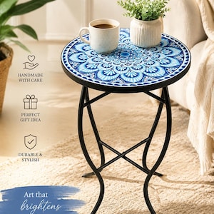 Mosaic Side Table Plant Stand Blue Mandala Patio Decor