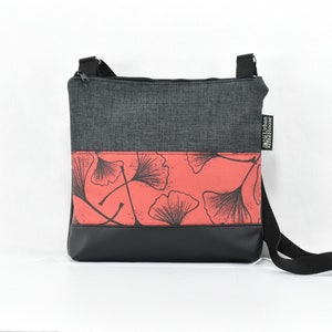 Cross body bag. Charcoal upholstery fabric, black PU faux leather, featuring my ‘Red Ginkgo spray’ fabric. Crossbody Vegan bag