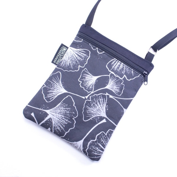 Cross body bag. charcoal with Ginkgo leaves. Small crossbody cell phone purse. mobile. iPhone. Samsung.