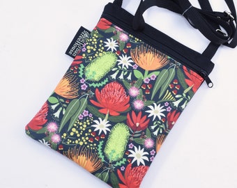 Cross body bag. AUSTRALIAN FLORA. Small crossbody cell phone purse. mobile. iPhone. Samsung.