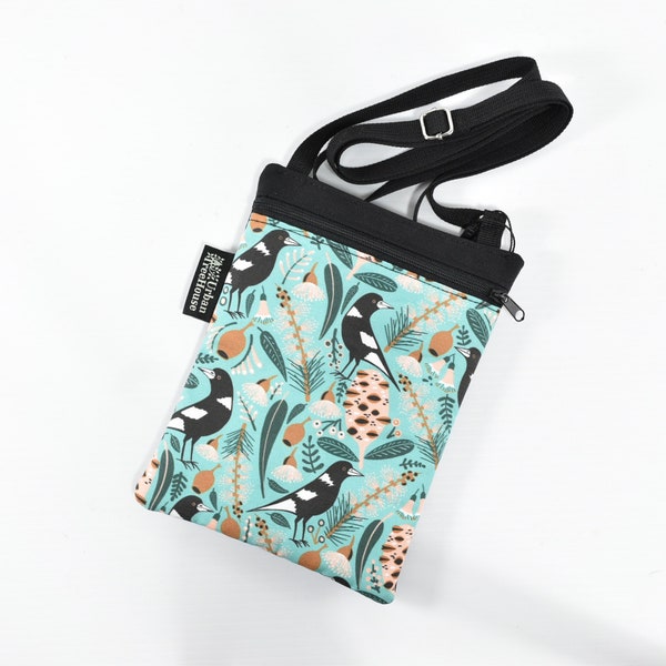 Cross body bag. Australian bush magpie fabric by Vicki Larner. Small crossbody cell phone purse. mobile. iPhone. Samsung