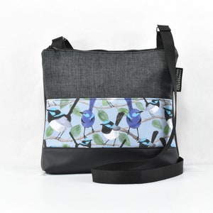 Cross body bag. Charcoal upholstery fabric, black PU faux leather, featuring Australian Blue Wren birds. Crossbody Vegan bag