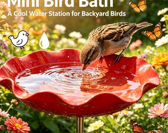 Red Flower Bird Bath with Metal Stake, 25" Tall Outdoor Garden Bird Water Bowl, Weatherproof Metal Birdfeeder for Wild Birds