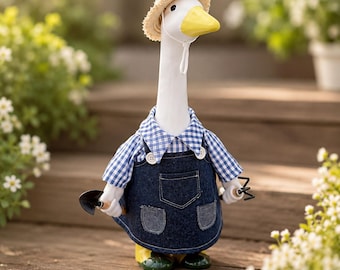 Conjunto de ganso para porche de 23", ropa de ganso de mezclilla para jardinero con sombrero de paja, decoración de jardín para primavera y verano