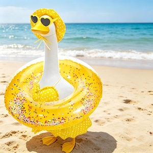 May include: A whimsical goose figurine on a sandy beach, wearing a yellow polka-dot sun hat, heart-shaped sunglasses, and a matching bikini. The goose is also wearing a yellow inflatable ring with glitter and a polka-dot skirt. The background features the ocean and a clear blue sky.
