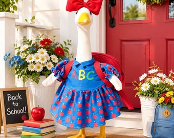 Back to School 23 Inch Porch Goose Outfit, ABC Apple Dress with Red Bow & Mini Backpack, Lawn Goose Costume, Farmhouse Front Porch Decor