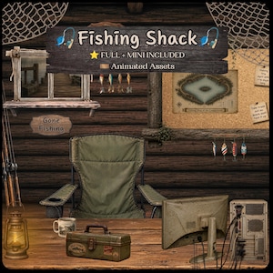 May include: A digital graphic of a fishing shack interior featuring a dark wood wall, a folding olive green chair, a computer monitor, a tower PC, a metal tackle box, a lantern, a mug, fishing lures, a map, and a sign reading Fishing Shack.