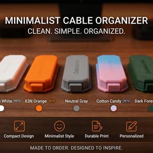 May include: A range of minimalist cable organisers in colours such as matte black, white, orange, grey, cotton candy, dark forest green, and rosewood. Each organiser has a snap-on lid and compact design. The text reads "MINIMALIST CABLE ORGANIZER".