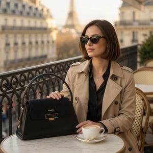 Peut inclure: Un sac à main noir avec une boucle et une poignée dorées est posé sur une table en marbre. Le sac est à côté d'une tasse de café sur une soucoupe. La Tour Eiffel est visible en arrière-plan. La femme porte un trench-coat beige et des lunettes de soleil.