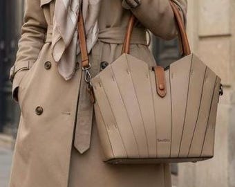 Sac ordinateur femme 15 pouces Chic, Sac porté main et bandoulière multipoches, Grand Sac de travail design architectural