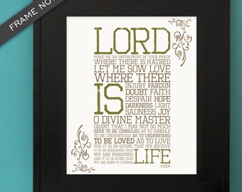 Pode incluir: Uma impressão de arte imprimível com uma moldura preta e um fundo branco. A impressão apresenta um design tipográfico verde e marrom com as palavras "Lord is Life" e uma oração sobre a paz, o amor e o perdão. O texto está em uma fonte de estilo vintage.