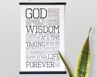 Serenity Prayer, the AA promises, Celebrate Recovery prayer, scroll art, hanging canvas wall art