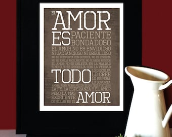 1 Corintios 13: El amor es paciente, El amor es bondadoso, Bible wedding verse in Spanish, Art for Print, Subway Art. Unframed