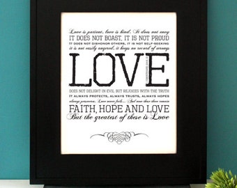 Pode incluir: Uma impressão emoldurada em preto e branco com um fundo branco e texto preto. O texto diz "Love is patient, love is kind. It does not envy IT DOES NOT BOAST, IT IS NOT PROUD IT DOES NOT DISHONOR OTHERS, IT IS NOT SELF-SEEKING it is not easily angered, it keeps no record of wrongs LOVE DOES NOT DELIGHT IN EVIL BUT REJOICES WITH THE TRUTH IT ALWAYS PROTECTS, ALWAYS TRUSTS, ALWAYS HOPES always perseveres. Love never fails... And now these three remain FAITH, HOPE AND LOVE But the greatest of these is Love"