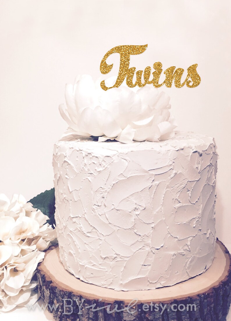 Cursive Script letter. Glitter Sparkle Twins Gold Cake Topper Chic baby shower decor