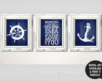 Nursery Nautical theme, Ship wheel, Psalm 93:4, Anchor, Sailor Theme, Navy blue, Beach Decor, Downloadable. Print it yourself.