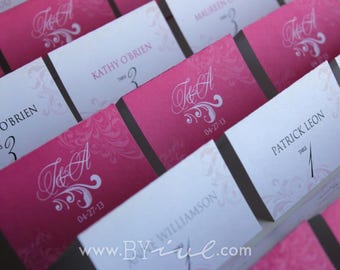 Table numbers and seating place cards. Hot pink theme. Folded Table Number and Escort Cards.