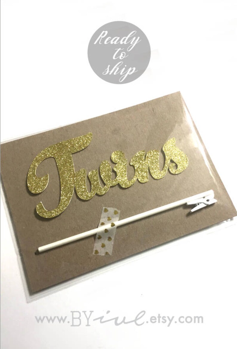 Cursive Script letter. Glitter Sparkle Twins Gold Cake Topper Chic baby shower decor