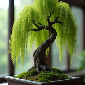 May include: A bonsai tree with a weeping willow style. The tree has a dark, textured trunk and bright green foliage that cascades downward. It is planted in a rectangular brown pot, with green moss at the base.