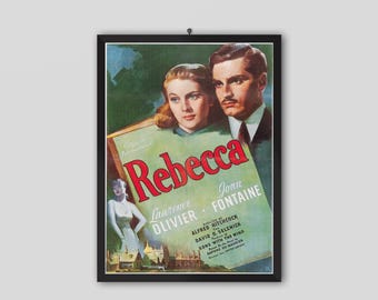 Rebecca 1940 Vintage Movie Poster. Alfred Hitchcock Movie. Laurence Olivier, Joan Fontaine, George Sanders. Movie Poster, Vintage Poster.
