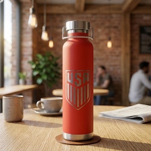 Botella de agua isotérmica con el escudo de la selección nacional de fútbol de EE. UU. – Botella de acero inoxidable de 650 ml – Artículos para aficionados de EE. UU. imagen 1