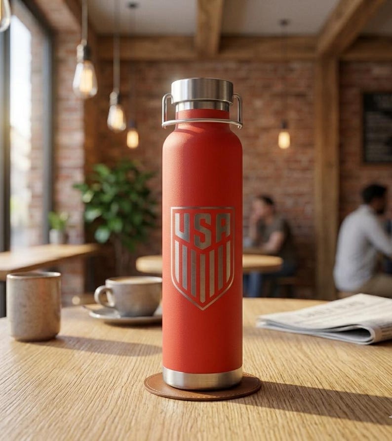 Botella de agua isotérmica con el escudo de la selección nacional de fútbol de EE. UU. – Botella de acero inoxidable de 650 ml – Artículos para aficionados de EE. UU. imagen 1