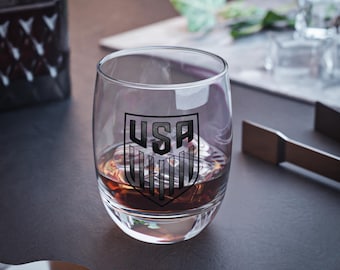 USMNT Soccer Shield Whiskey Glass - 6oz Lowball Rocks Glass - Minimalist Black USA Logo - Gift for Soccer Fans & Bourbon Lovers