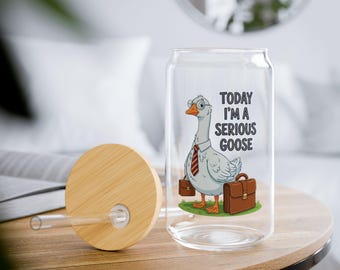 Serious Goose Glass Can Cup – Funny Iced Coffee Drinkware with Bamboo Lid (16oz)