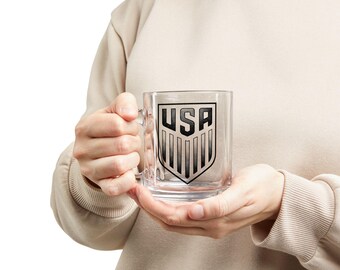 USMNT Soccer Shield Glass Coffee Mug – 10oz Clear USA Fan Drinkware
