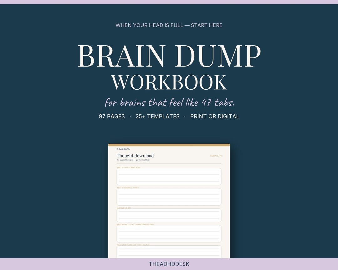 ADHD Brain Dump Workbook Printable PDF | 97 Pages Worry Dump Mental ...