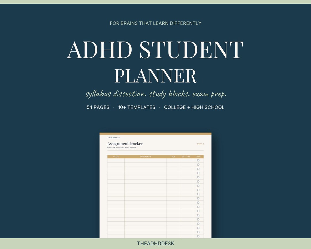 ADHD Student Planner Printable PDF | 54 Pages Assignment Tracker Study ...