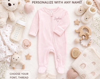 Pijama de bebé personalizado, pelele con nombre bordado a medida, pijama con cremallera, hecho a mano en Texas.