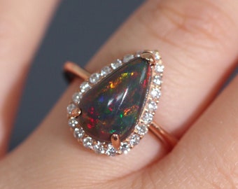 Rose Gold Black Opal Engagement Ring, Opal Statement Ring, October Birthstone Ring, Pear Cut Opal Ring, Anniversary Gift