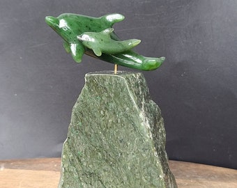 Green Jade Dolphins on Base, Carved Swimming Jade Dolphins, 35th Anniversary Gift, Marine Life, Canadian Nephrite Jade, Good Luck Jade