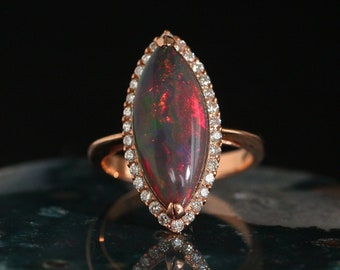 Rose Gold Black Opal Marquise Engagement Ring, October Ring, Marquise Opal Ring, Solid Opal Ring