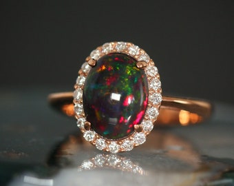 Rose Gold Oval Opal Engagement Ring, Black Opal Ring, Black Engagement Ring, Low Profile Ring, October Birthstone Ring