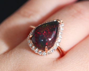 Rose Gold Australian Opal Pear Cut Ring, Opal Diamond Ring, October Birthstone, Opal Engagement Ring, Vow Renewal Ring