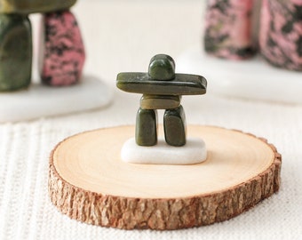 Jade Inukshuk Sculpture on Marble Base: Good Luck Stone Art