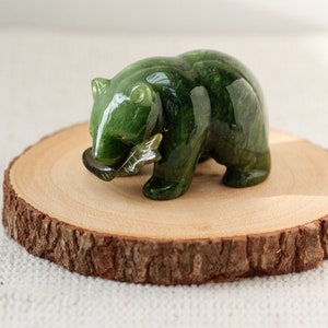 Green Nephrite Jade Grizzly Bear with Salmon Fish, Carved Jade Bear with Fish, Protective Crystal, 35th Anniversary Gift, Wealth Crystal