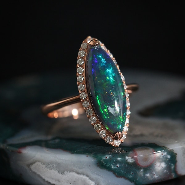 Rose Gold Black Opal Marquise Engagement Ring, Opal with Diamond Halo Ring, October Ring, Black Opal Ring, Solid Opal Ring