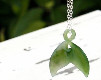 Nephrite Jade Whale Tail Necklace - Whale Tail Pendant - Whale Tail Jewelry, Symbolic Jewelry, 925 Silver or Gold Filled