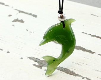 Nephrite Jade Dolphin Necklace - Carved Dolphin Pendant - Black Leather Cord, Canadian Jade