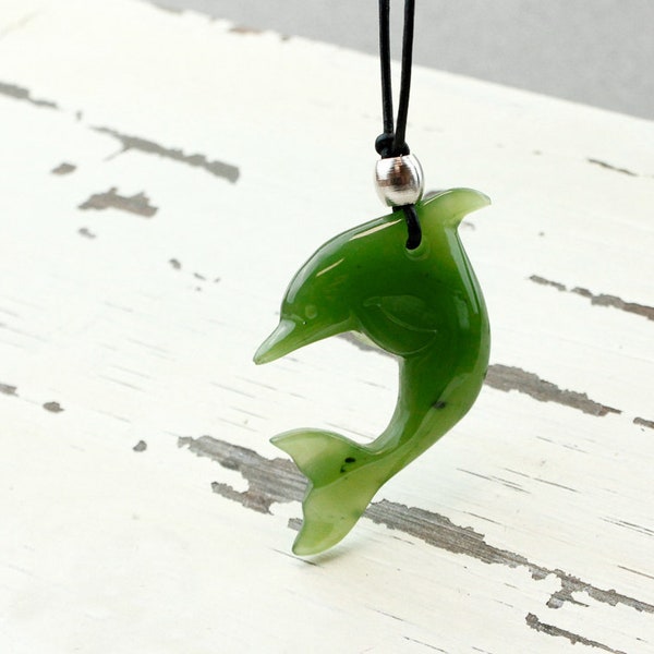 Nephrite Jade Dolphin Necklace - Carved Dolphin Pendant - Black Leather Cord, Canadian Jade