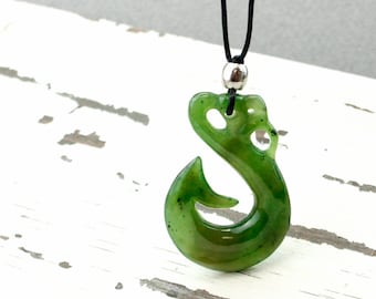 Nephrite Jade Maori Fish Hook Necklace - Maori Style Pendant - New Zealand Maori, Leather Cord, Symbolic Necklace