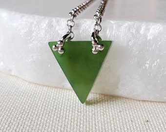 Triangle Jade Pendant, Carved Green Jade Pendant, 35th Anniversary Gift, Good Luck Crystal, Healing Heart Chakra