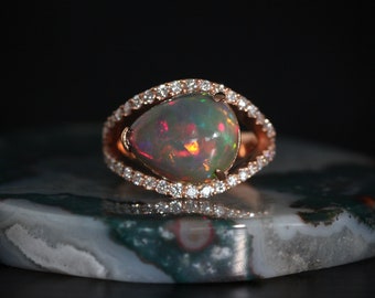 Rose Gold Black Opal Pear Engagement Ring, Opal Statement Ring, October Birthstone Ring, Pear Cut Opal Ring, Anniversary Ring