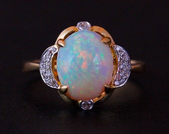 Australian White Opal Diamond Ring, Halo Setting, 14KT Yellow Gold