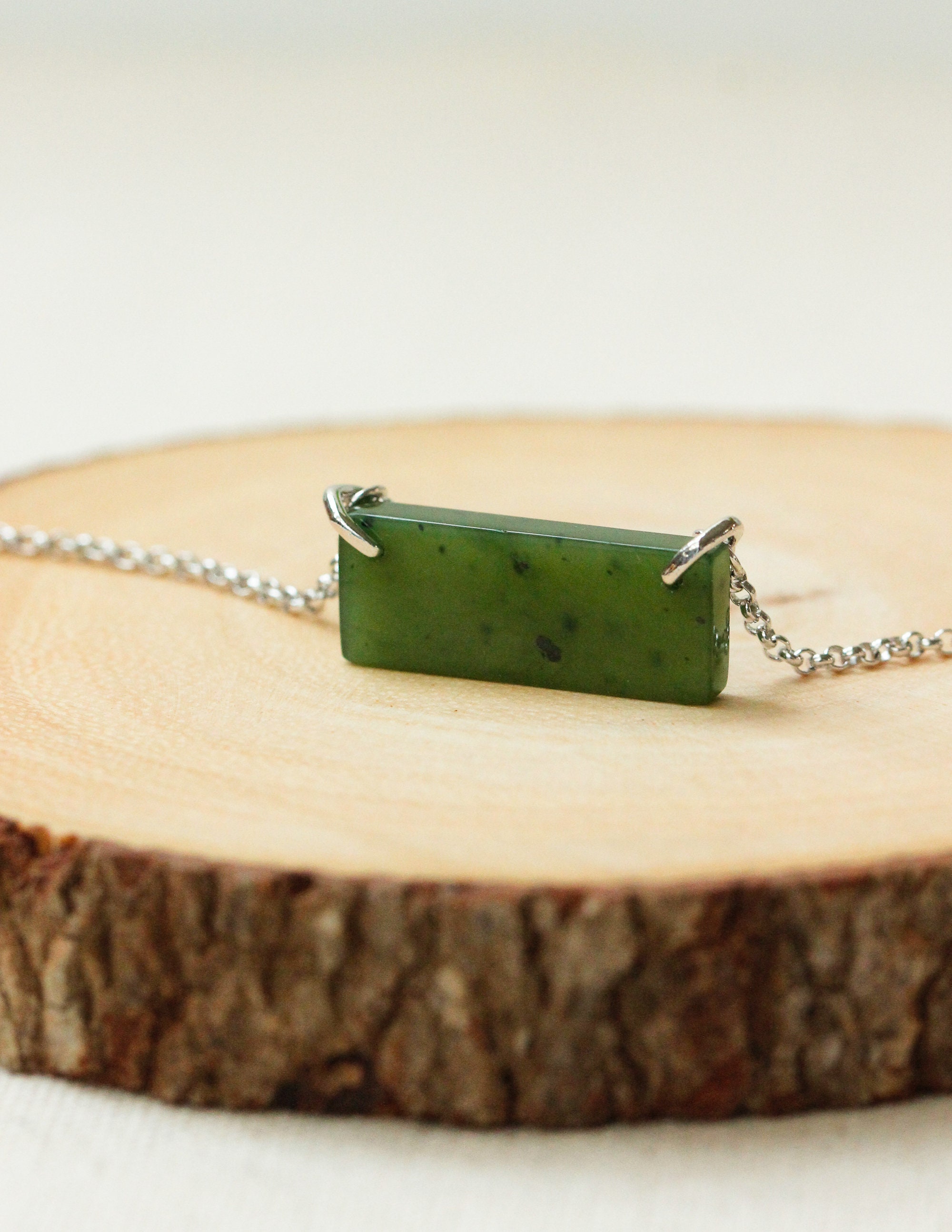 Silver Green Jade Bar Necklace Solid Carved Jade Rectangle Etsy UK